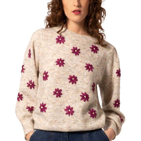 FRNCH Taupe sweater with mulberry embroidery - Picture 1 of 2